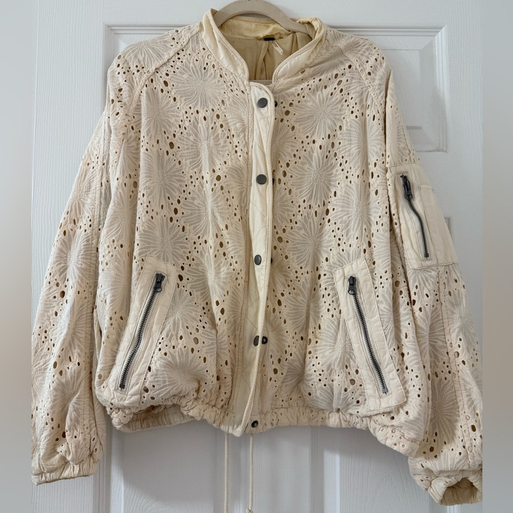 Free People Women’s Ivory Eyelet Bomber Jacket